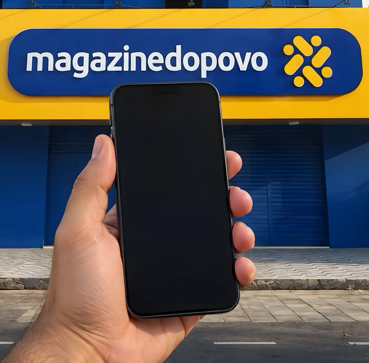 Mão segurando um celular em frente à fachada azul e amarela da Magazine do Povo